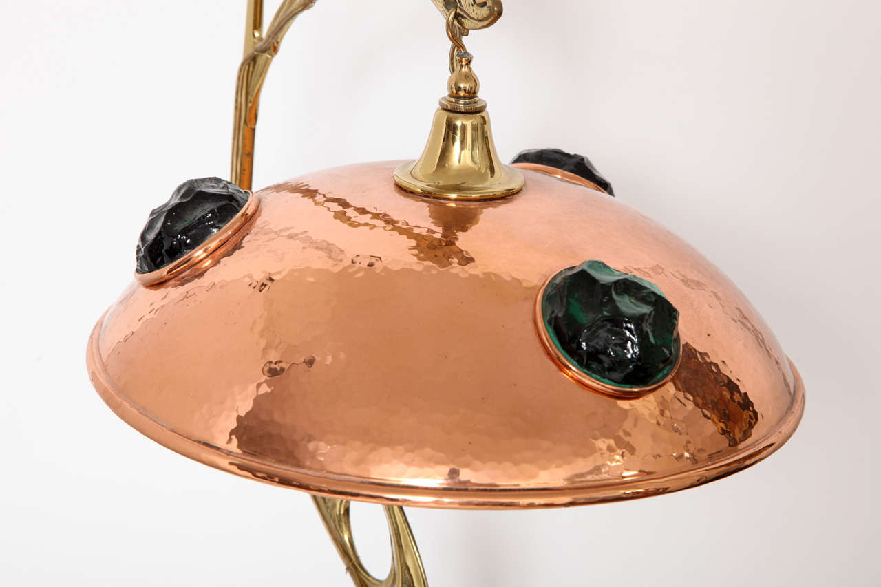 20th Century Art Nouveau Hand Hammered Copper, Brass and Glass Dragon Lamp