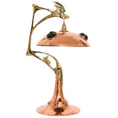 Art Nouveau Hand Hammered Copper, Brass and Glass Dragon Lamp