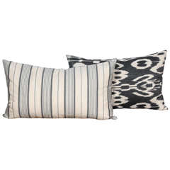 Pair of Blue and Cream Ikat Cushions
