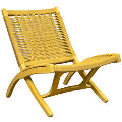 Retro Pale Yellow Rope Folding Chair in the Style of Hans Wegner