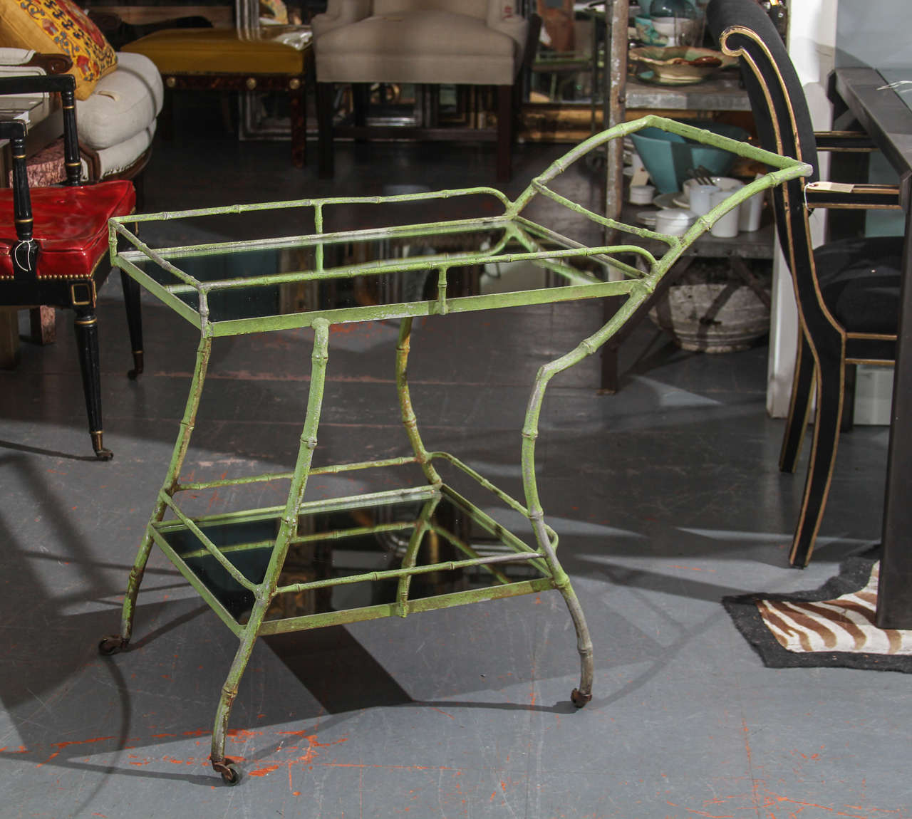 great old green paint on this vintage cocktail cart with 2 mirror shelves