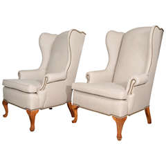 Pair of Grey Linen and Nailhead Wing Chairs