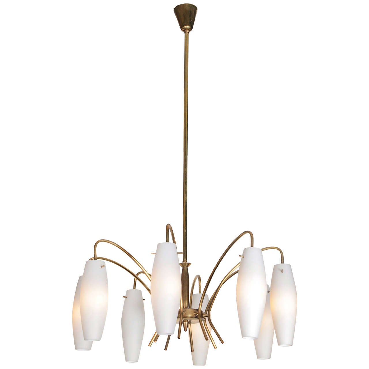 Italian Chandelier with Brass Frame and Eight Suspended Milk Glass Diffusers