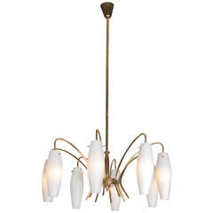 Italian Chandelier with Brass Frame and Eight Suspended Milk Glass Diffusers