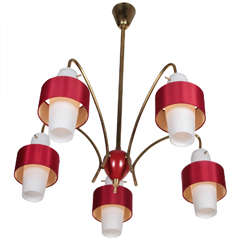 Vintage Stilnovo Chandelier with Brass Frame and 5 Suspended Milk Glass Diffusers