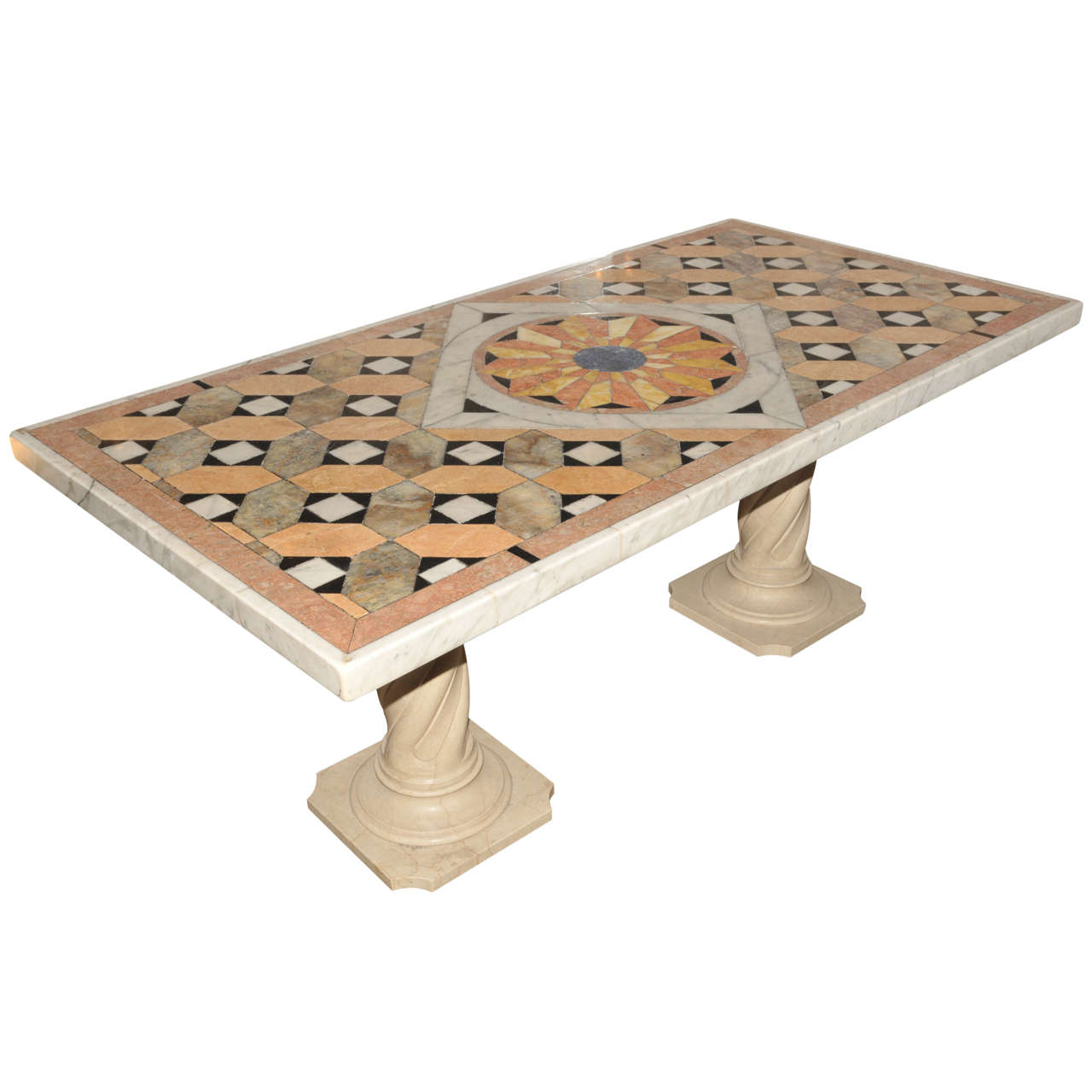 Large 1970's Marble Marquetry Italian Table For Sale