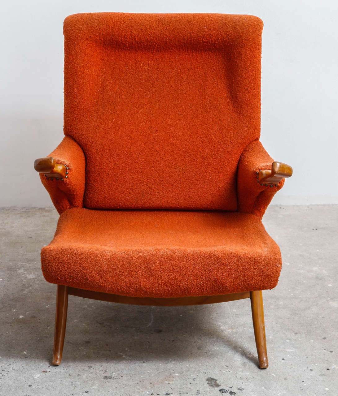 This very rare arm chair in the manner of Dunbar is stunning.
Original orange upholstery,Beech wood.