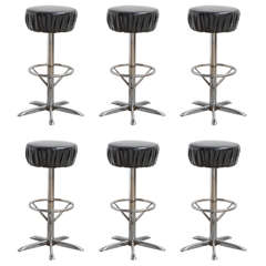 Set of Six Black Midcentury Round Barstools