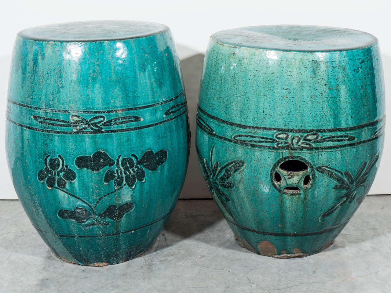 Two beautifully decorated and glazed antique ceramic garden stools from China, Hunan Province, c. 1900.  Sold Individually.
CR497