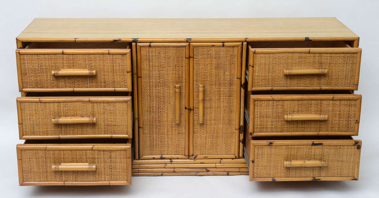 Mid-20th Century Rattan Dresser or Credenza with Six Drawers