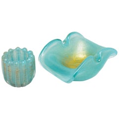 Used Set of 2 Azure Gold Murano Ashtray and Cigarette Holder Mid-Century Modern Italy