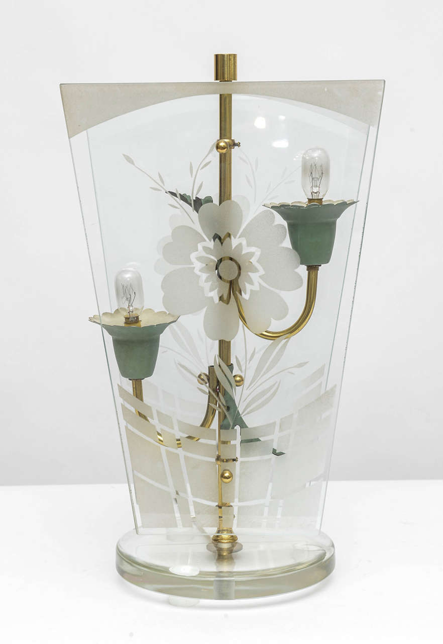 Italian 1940s Art Deco Early Fontana Arte Brass Art Glass Table Lamp Italy For Sale