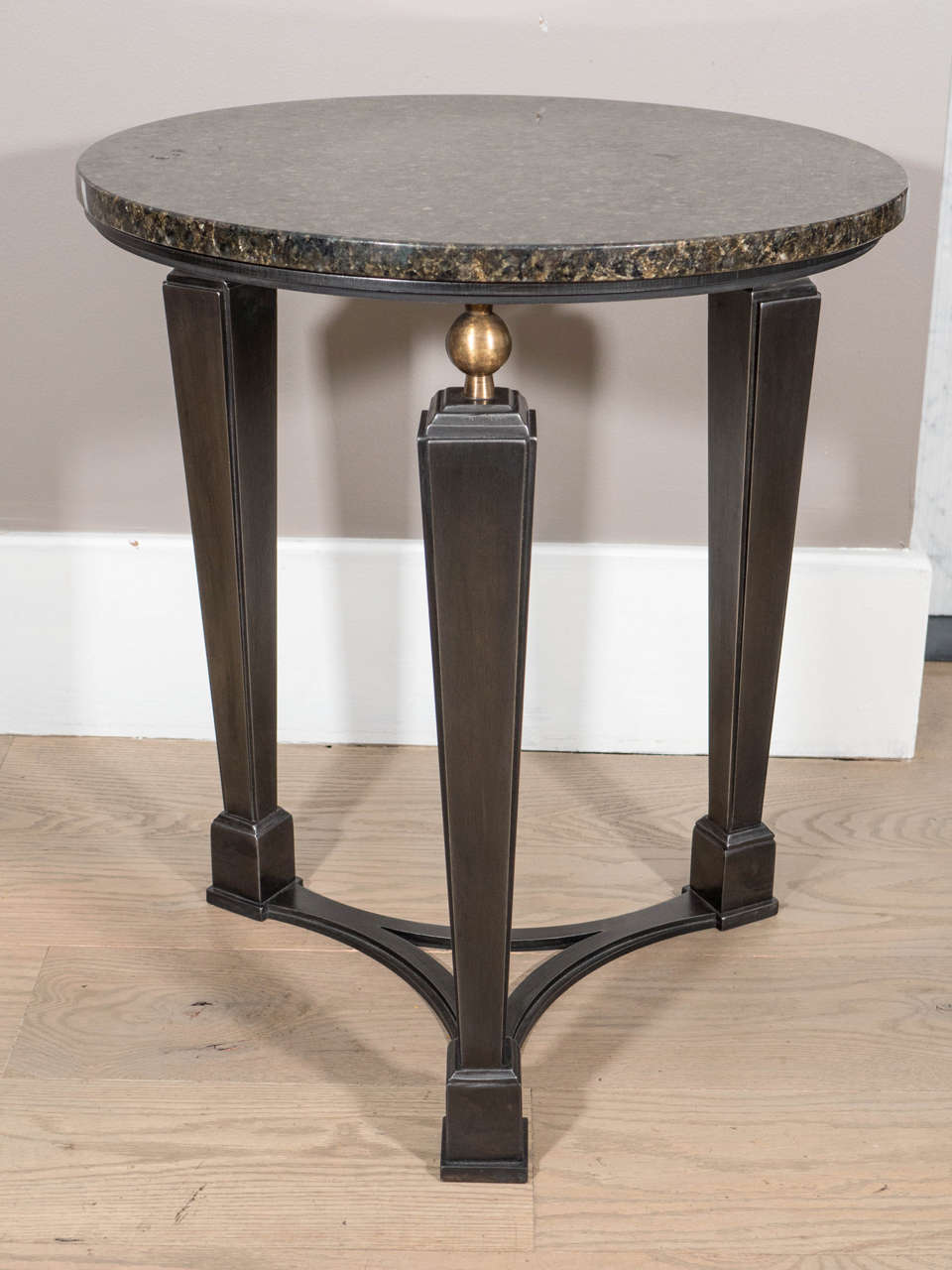 Circular Art Deco Inspired Three Legged Metal Side Table with Bronze Base In Excellent Condition For Sale In Long Island City, NY