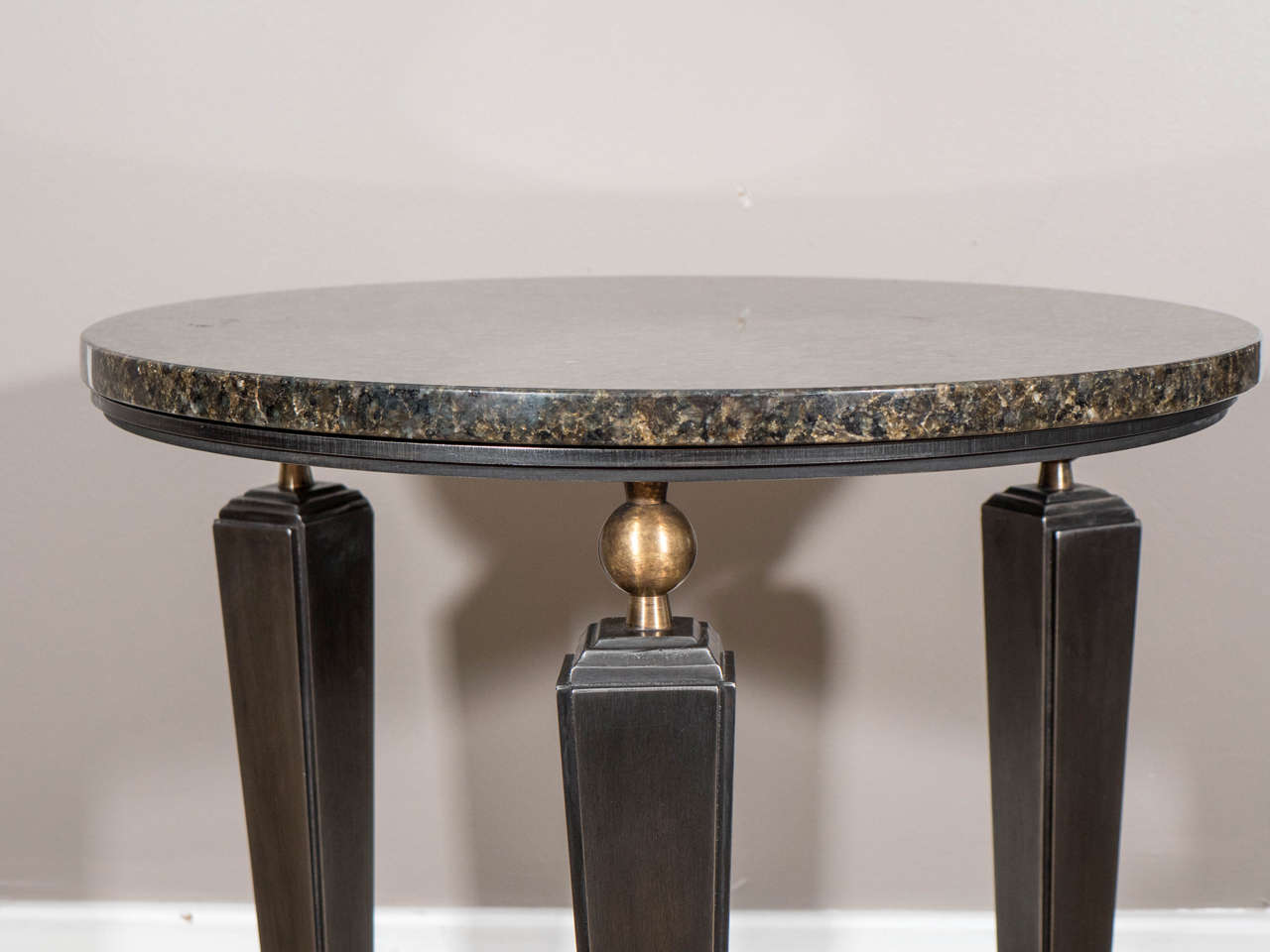 Contemporary Circular Art Deco Inspired Three Legged Metal Side Table with Bronze Base For Sale