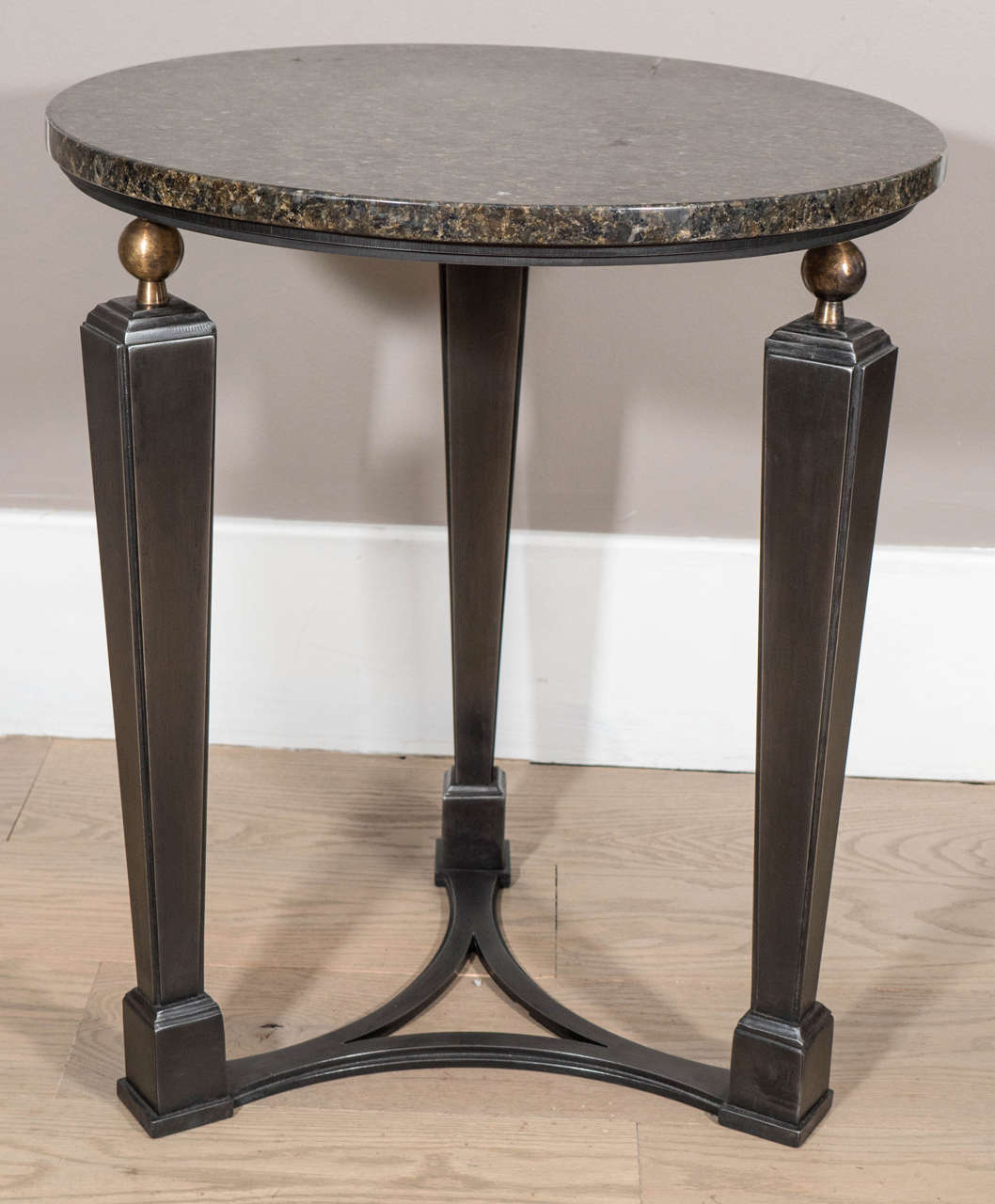 Circular Art Deco Inspired Three Legged Metal Side Table with Bronze Base For Sale 2