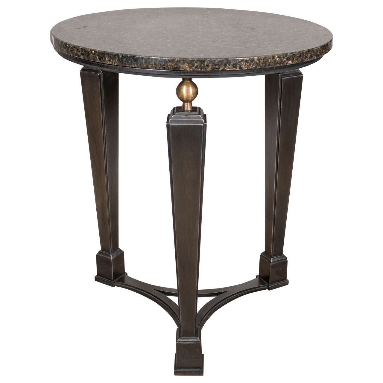 Circular Art Deco Inspired Three Legged Metal Side Table with Bronze Base For Sale