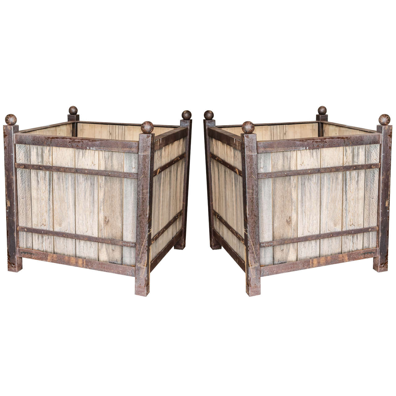 Pair of Iron and Wood Planters