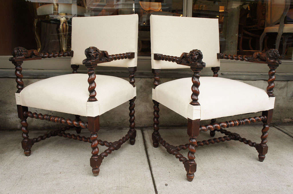 French Antique Louia XIIl-style Throne chairs with Lion Carvings
