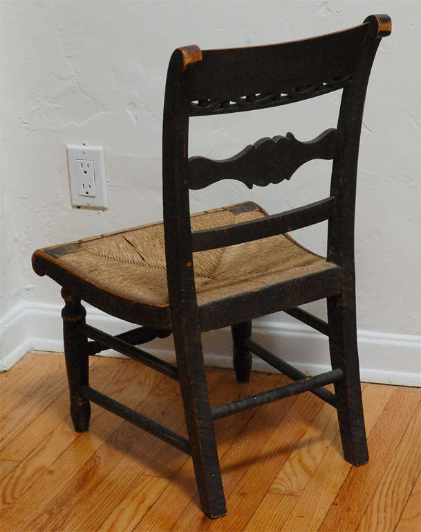 19th Century Early New England Decorated Childs Chair with Original Rush Seat For Sale