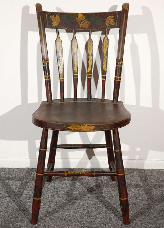 Set of four fine early 19thc  original paint decorated arrow back,bamboo turned legs Windsor chairs.These finely deep scroll painted ground with mustard trim and leaf decoration.On the top splash of each chair is bunches of green grapes with mustard