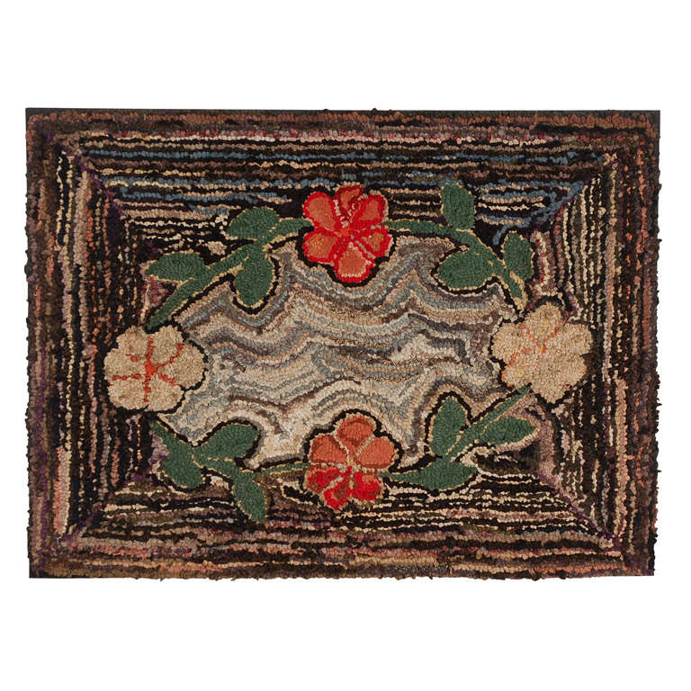 19th Century Rare Floral Hand Hooked Rug on Sretcher Frame from Pa