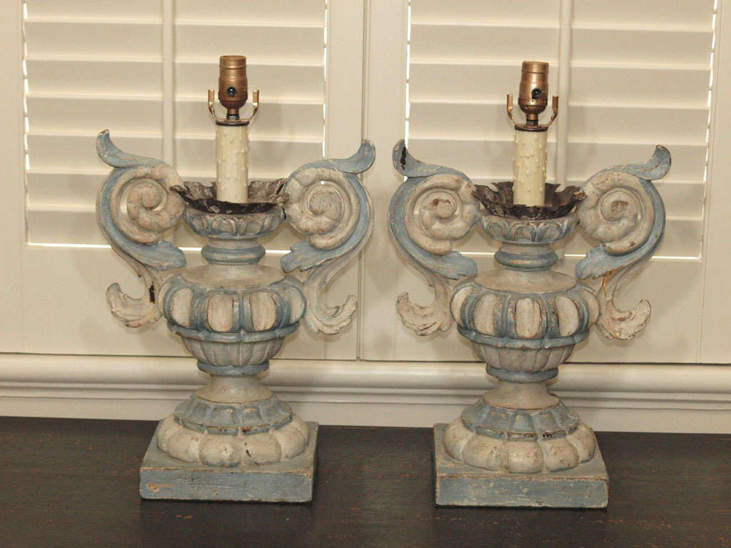 Pair of Italian wood urns made into lamps / US wiring and candle drip resin stem.