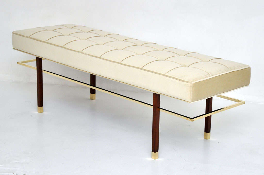 Bench designed by Harvey Probber. Mahogany legs with brass cap feet and brass stretchers.