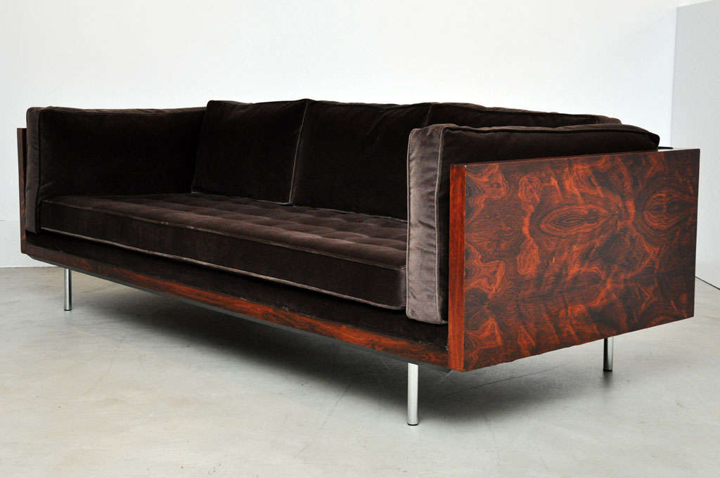 Rosewood case sofa by Milo Baughman for Thayer-Coggin.  Figural rosewood grain with new velvet upholstery.  Down filled back and side cushions.