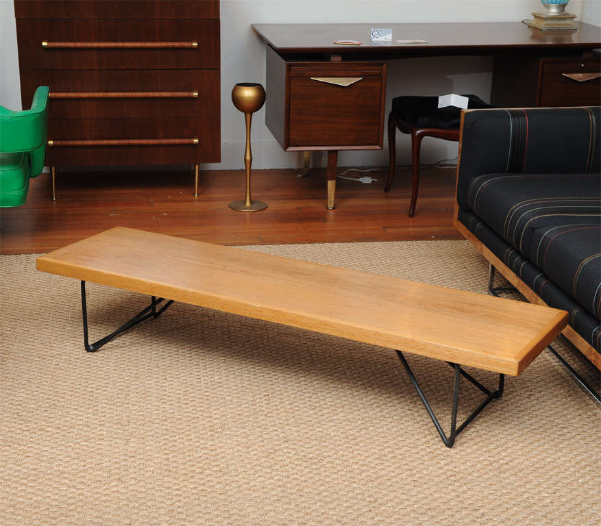 Luther Conover design coffee table or low bench made in his signature California modern style from redwood with hair pin legs.