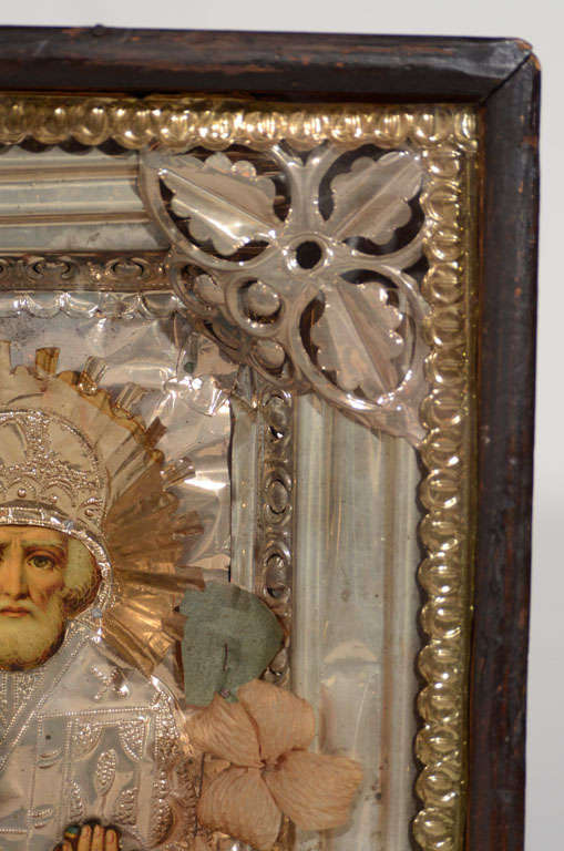 Antique Russian Icon of Saint Nicholas in Repousse Overlay In Distressed Condition In Fort Lauderdale, FL