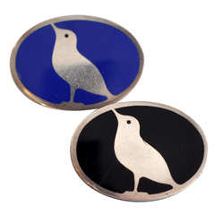 Wiener Werkstatte Pair of Silver and Enamel Bird Pins