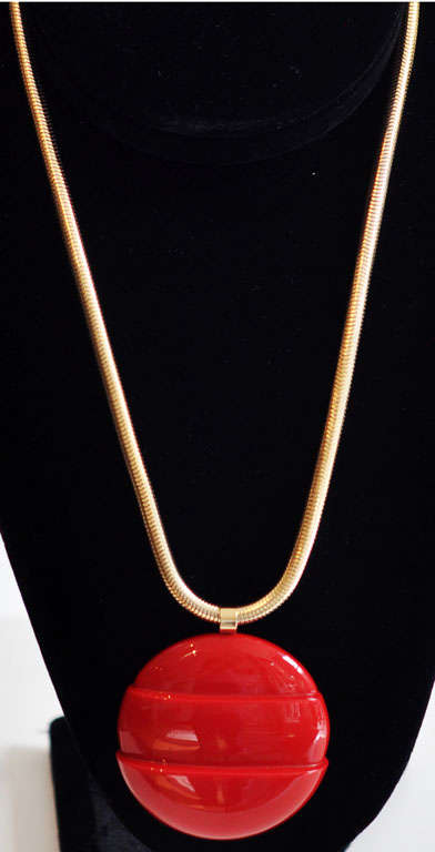 Art Deco Red LANVIN Architectural Necklace with Original Snake Chain, c.1970 For Sale