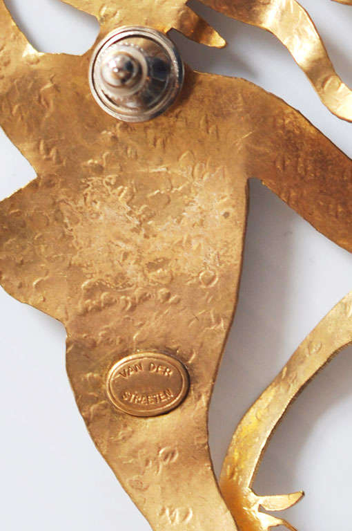 Herve Van Der Straeten Gilded Brass Brooch For Sale at 1stdibs