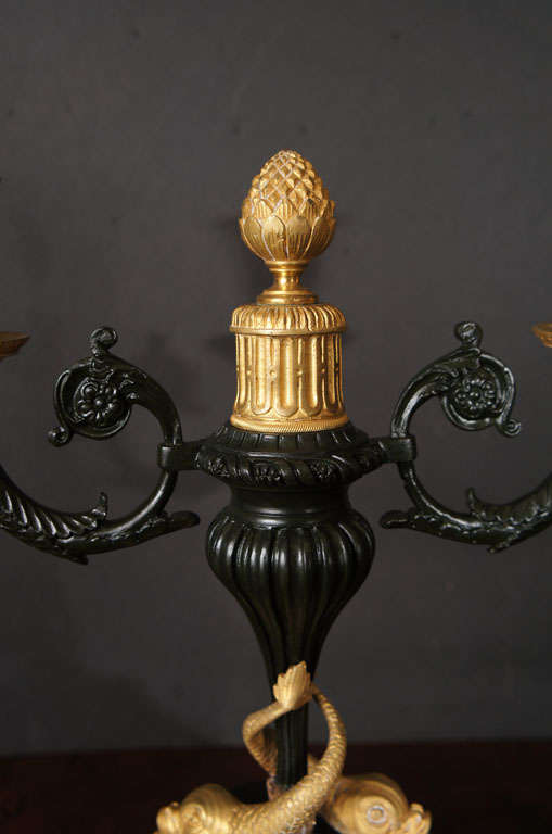 Marble Pair Fine Louis XVI Style Gilt and Patinated Candelabra For Sale