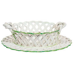 A Wedgwood Creamware Pierced Basket & Stand with Green Trim