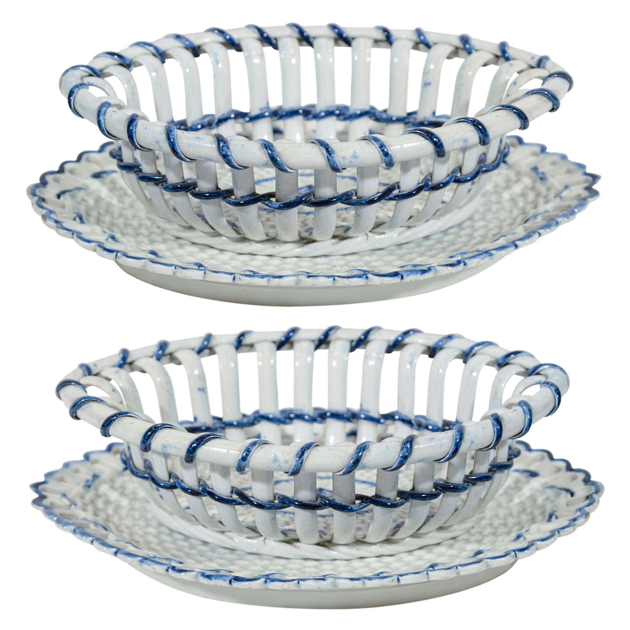 A Pair of Pearlware Blue and White Baskets and Stands