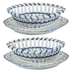 Antique A Pair of Pearlware Blue and White Baskets and Stands
