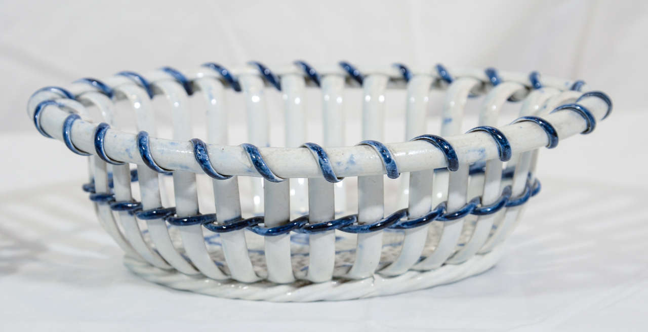 British A Pair of Pearlware Blue and White Baskets and Stands