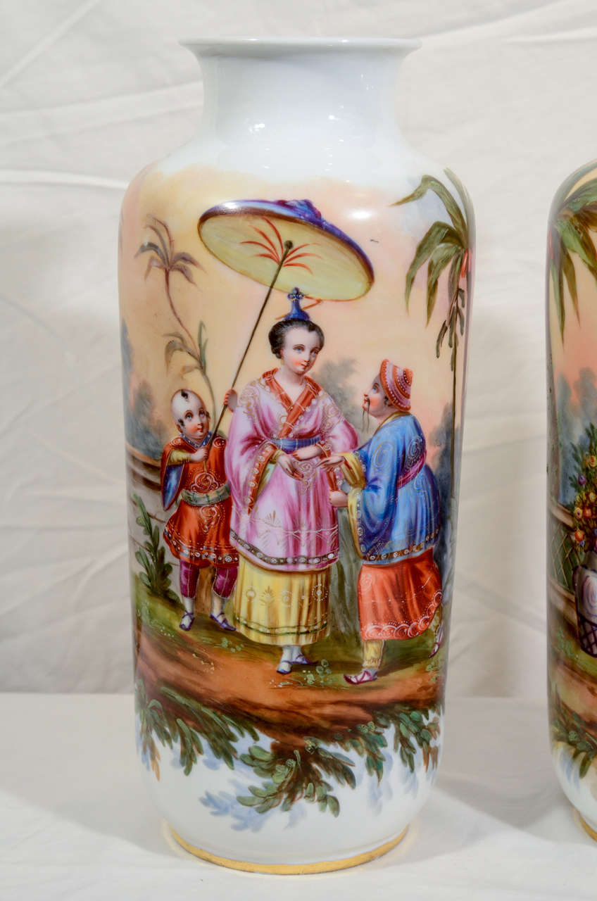 French Antique Pair Porcelain Orientalist Vases Made Late 19th Early 20th Century