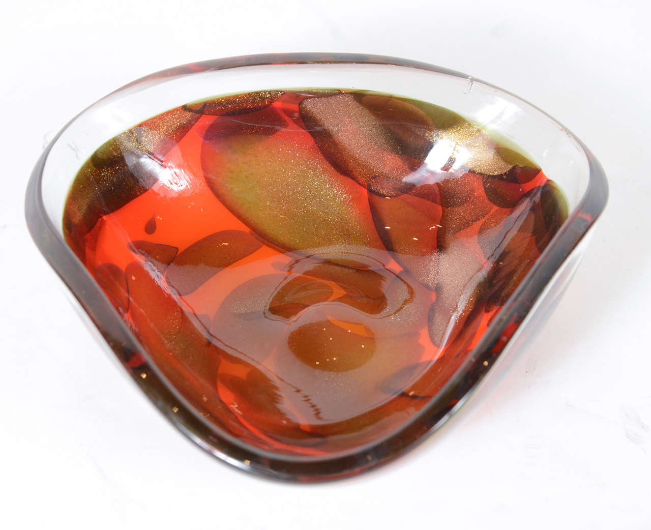 Modernist Mid-Century Hand-Blown Murano Glass Bowl with 24K Copper Gold Flecks