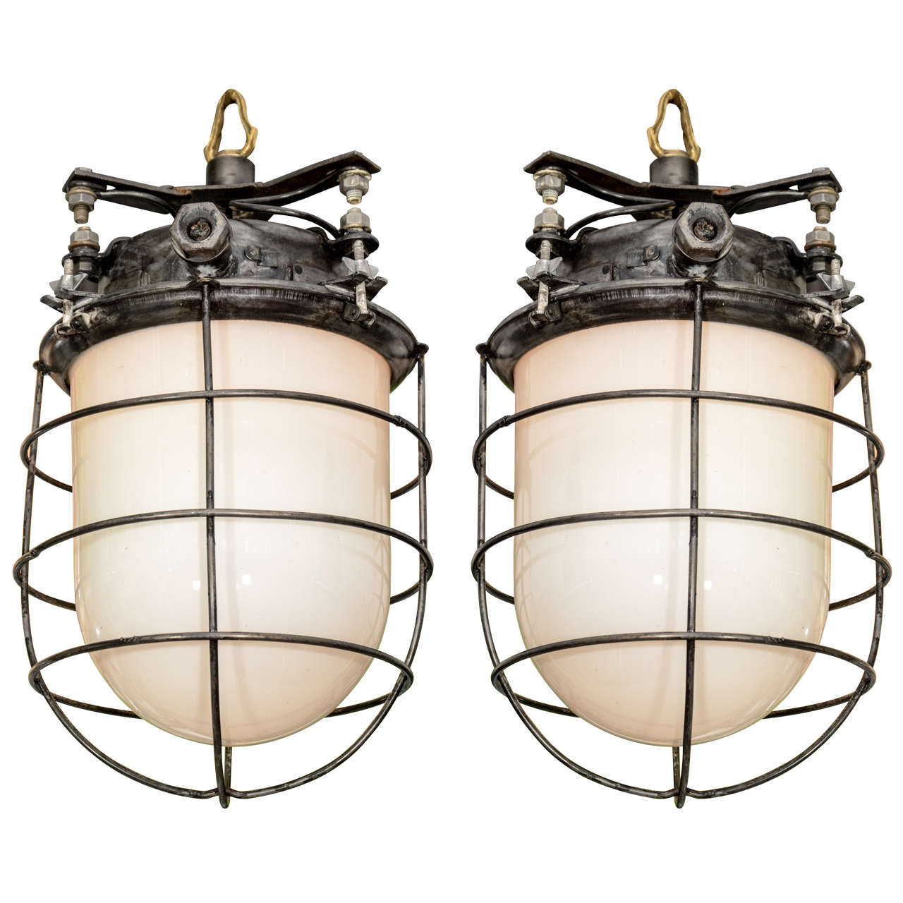 USA Pair of Ship Galley Caged Pendant Lights