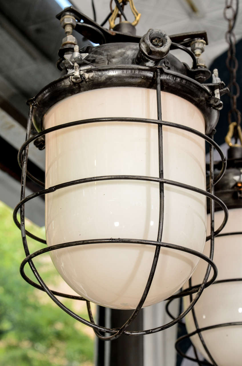 Mid-20th Century USA Pair of Ship Galley Caged Pendant Lights