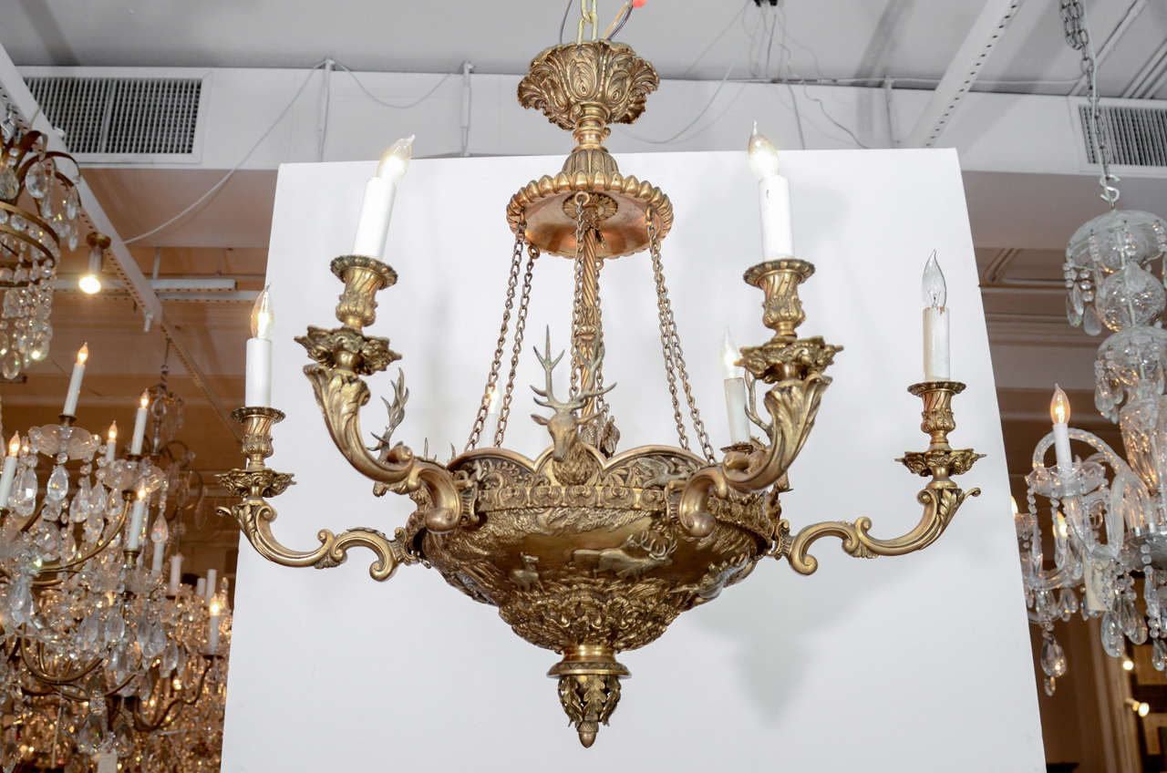 French Dore Bronze Six Light Chandelier with Stags and Swans from Malcolm Forbes