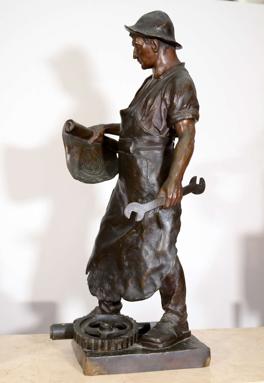 Large Bronze German Statue of Industrial Worker, Julius SchmidtFelling