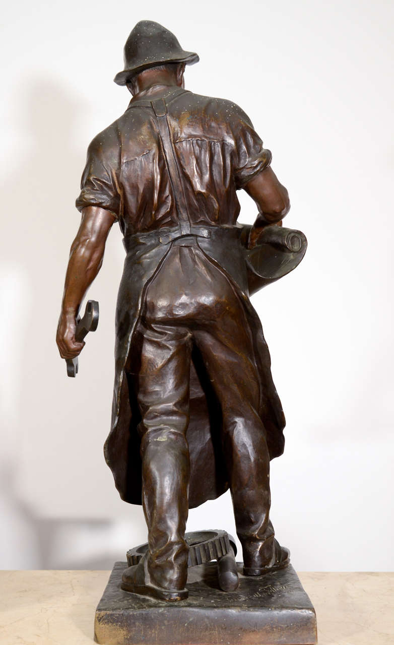 Large Bronze German Statue of Industrial Worker, Julius SchmidtFelling
