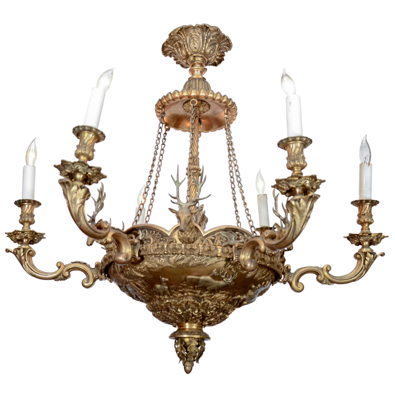 French Dore Bronze Six Light Chandelier with Stags and Swans from ...