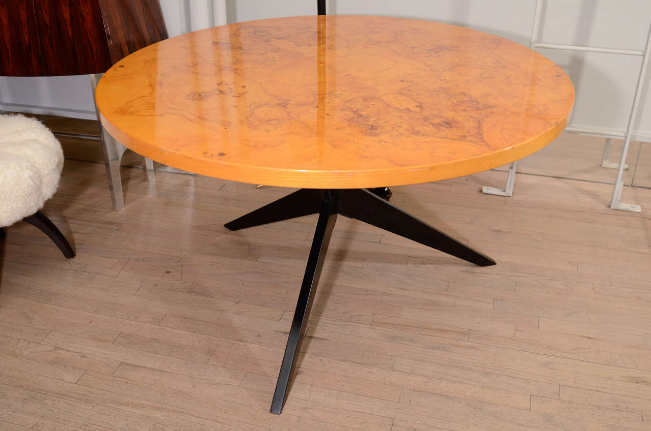 French burl center table with walnut top and mahogany base designed by Hans Bellman