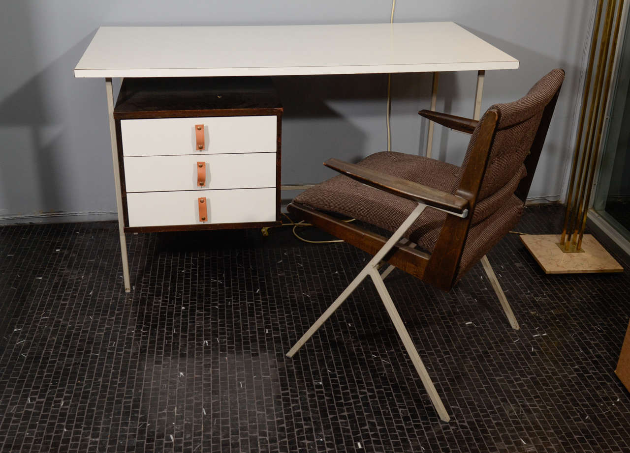Rare Knoll and Drake single pedestal desk with matching chair-1950's.   One of the founders of this small Texas company was Hans Knoll.  They produced this signature line of furniture for a few short years which had small leather tabs for handles