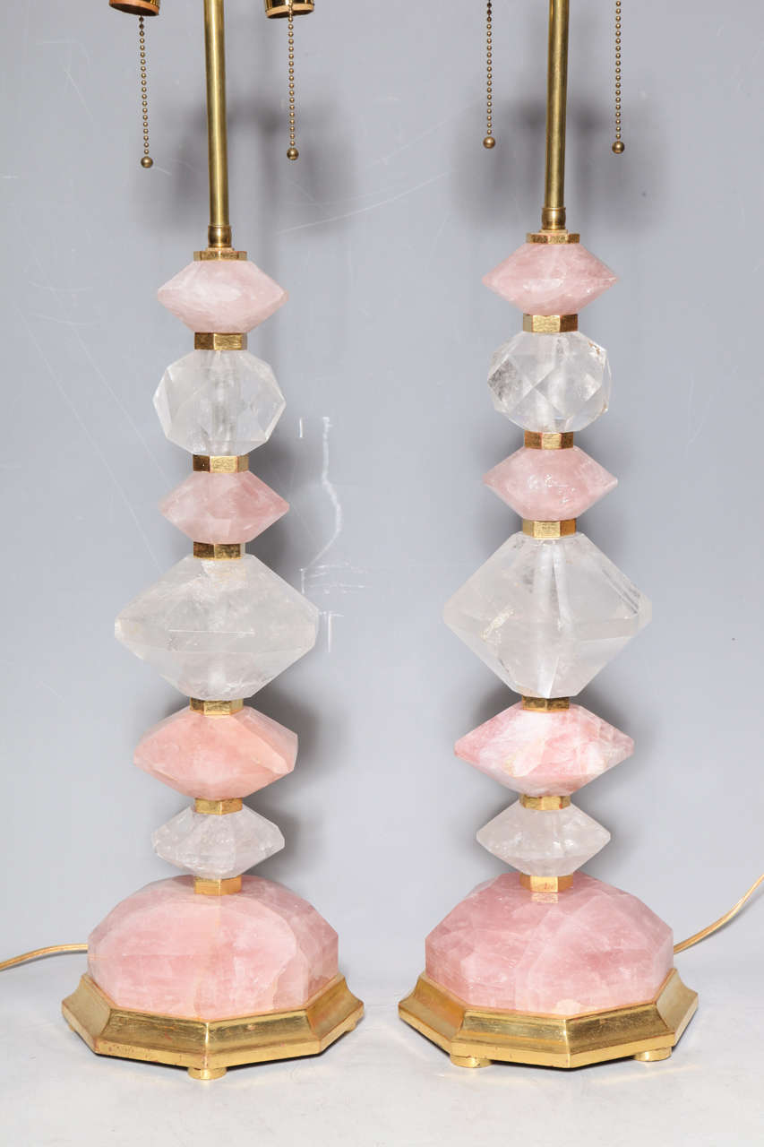 Neoclassical Fine Pair of Bagues Style, Geometric Rock Crystal and Rose Quartz Table Lamps