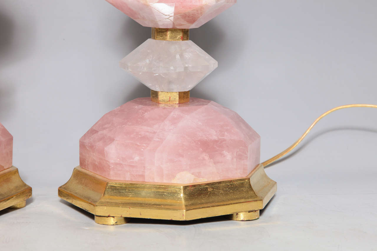 20th Century Fine Pair of Bagues Style, Geometric Rock Crystal and Rose Quartz Table Lamps